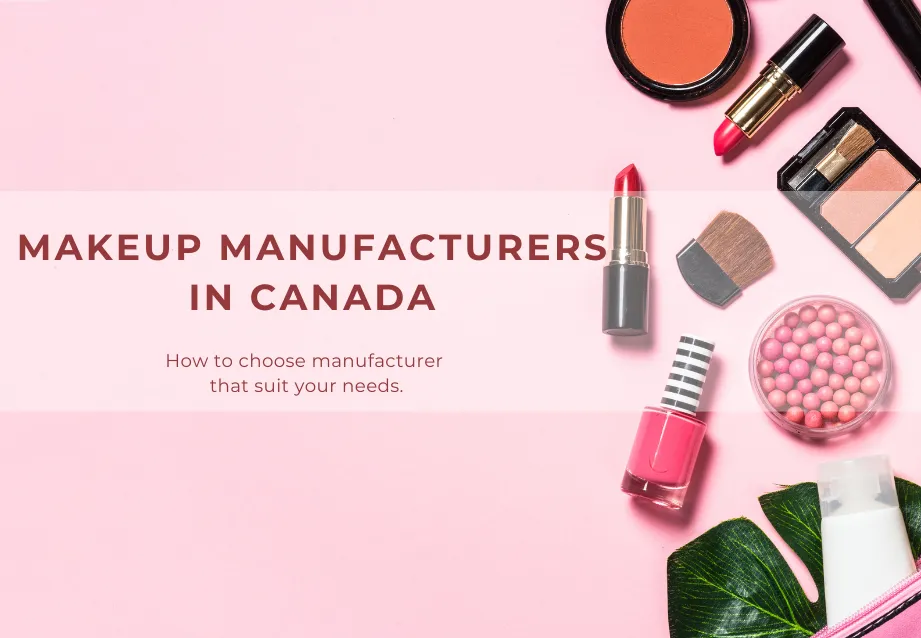 Verschiedene Make-up-Produkte auf einem rosa Hintergrund mit Text über die Auswahl von Herstellern in Kanada.
