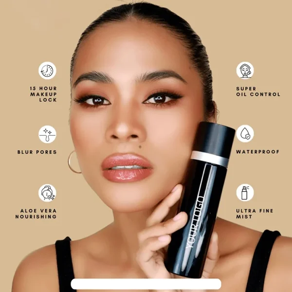 Image of a makeup setting spray with features listed such as 15 hour makeup lock, super oil control, waterproof, blur pores, and aloe vera nourishing.
