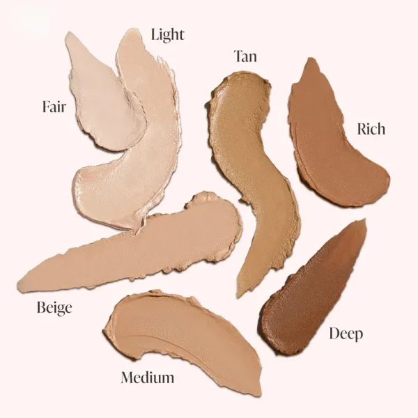 Various foundation color swatches labeled Fair, Light, Tan, Rich, Beige, Medium, and Deep on a light background.