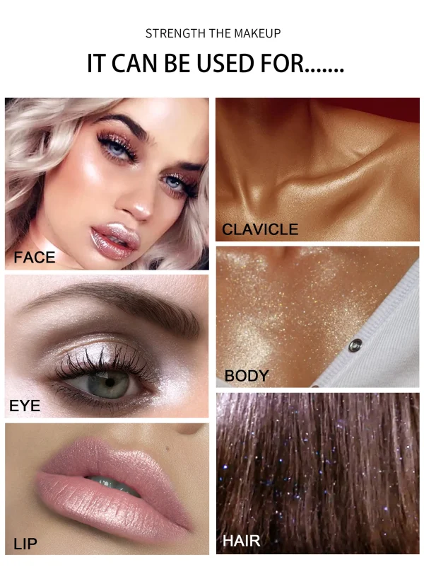 Image illustrant différentes zones où le maquillage peut être appliqué, notamment la clavicule, les yeux, le corps, les lèvres et les cheveux.