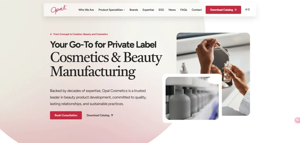 Opal Cosmetics homepage highlighting private label cosmetics and beauty manufacturing services with a focus on quality and sustainability.