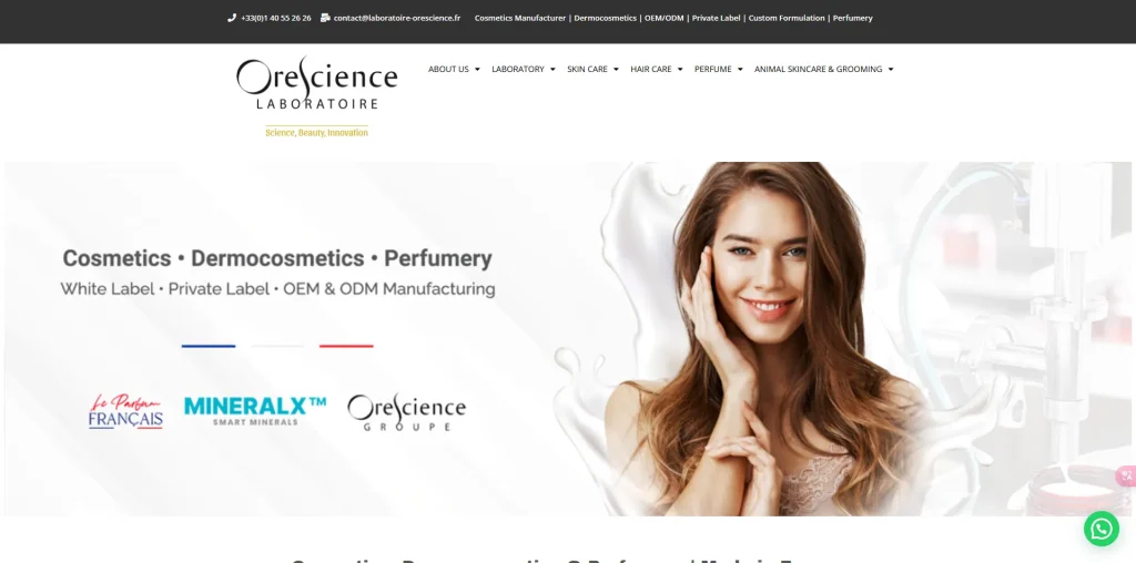 Orescience Laboratoire homepage featuring cosmetics, dermocosmetics, and perfumery products with white label, private label, and OEM & ODM manufacturing services.