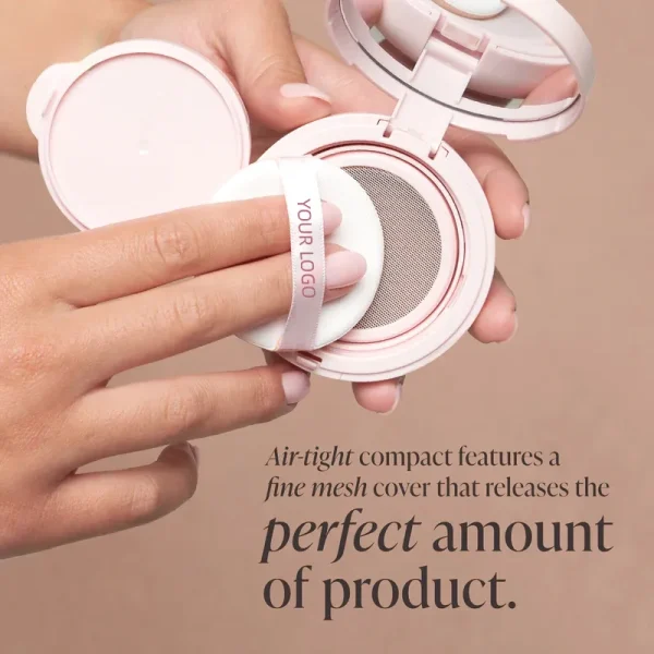 A person's hand holding an air-tight compact featuring a fine mesh cover with the text 'perfect amount of product'