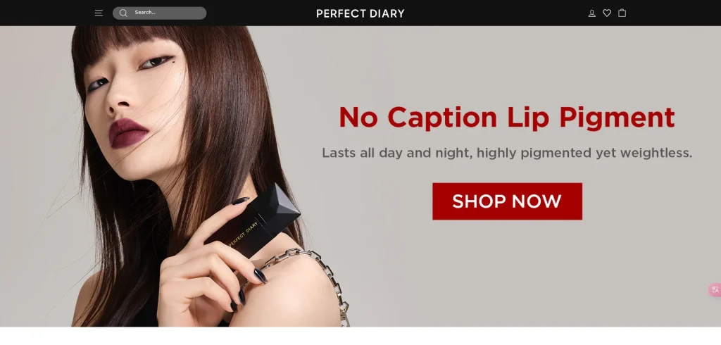 A promotional image for Perfect Diary No Caption Lip Pigment with a model holding the product.