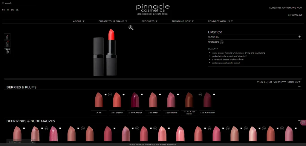 Pinnacle Cosmetics lipstick product page showcasing various lipstick shades along with a featured red lipstick in the center.