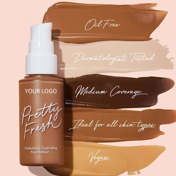 Bottle of Pretty Fresh hyaluronic hydrating foundation with swatches labeled oil free, dermatologist tested, medium coverage, ideal for all skin types, and vegan.