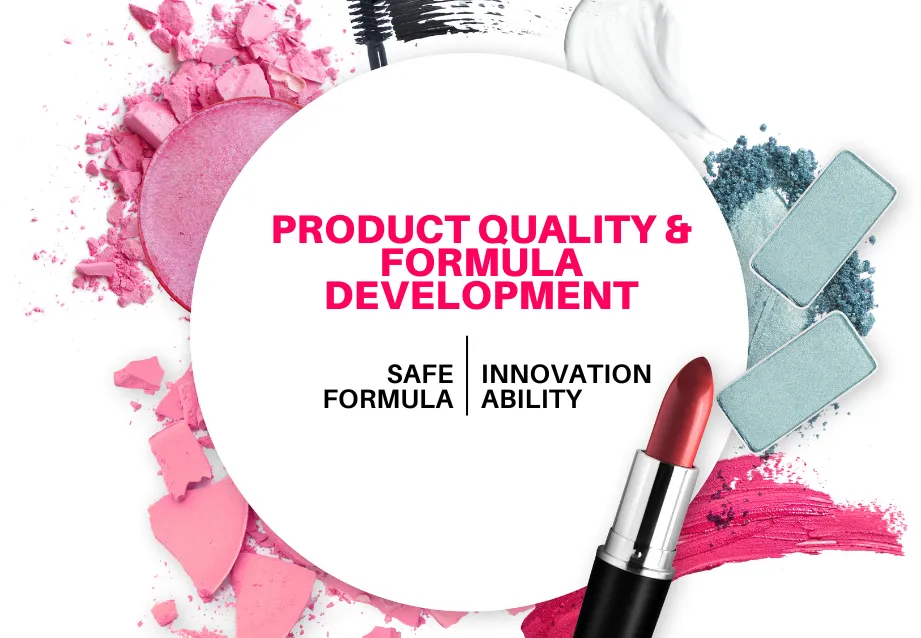 Aesthetic display of makeup elements like crushed powders and lipstick with text focusing on product quality and formula development, emphasizing safe formula and innovation ability.