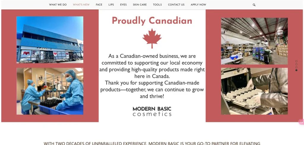 Modern Basic Cosmetics showcasing Canadian operations with images of the facility and production process.