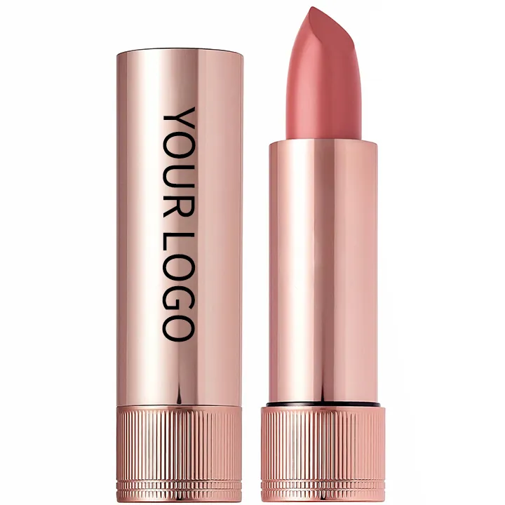 A rose pink lipstick in a metallic rose gold tube, displaying 'YOUR LOGO' on the side.