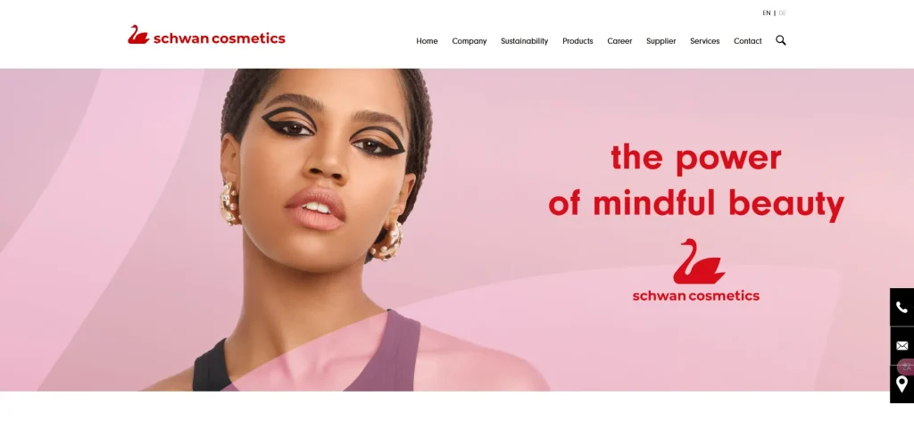 Schwan Cosmetics website landing page with branding and navigation menu.