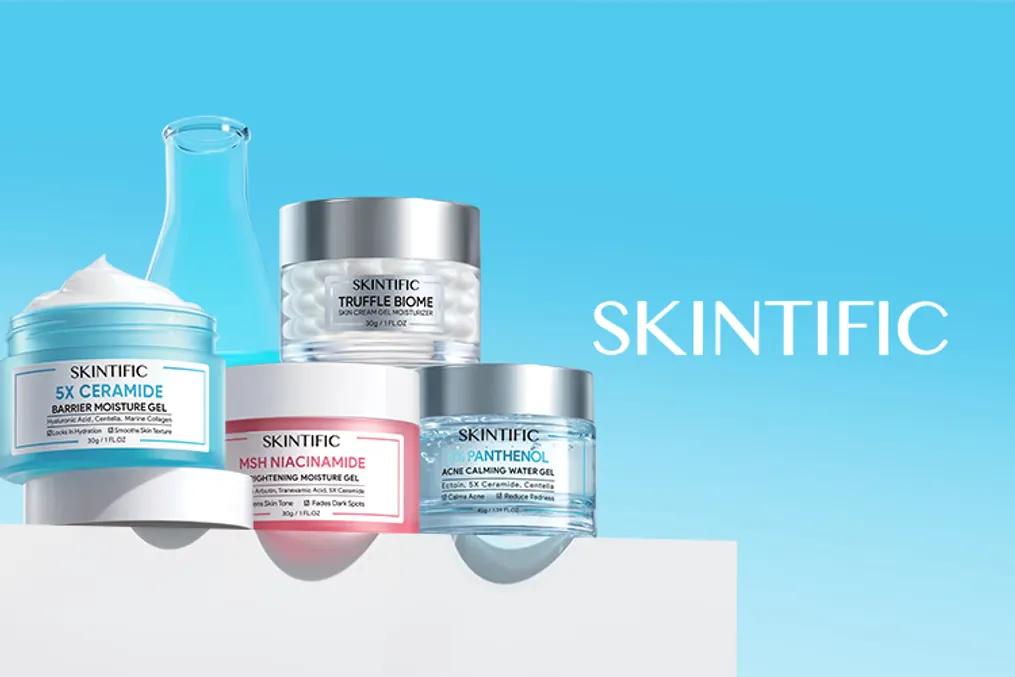 A collection of Skintific skincare product jars on a blue background