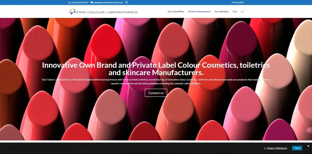 Homepage of Star Colour Laboratories featuring various shades of lipstick