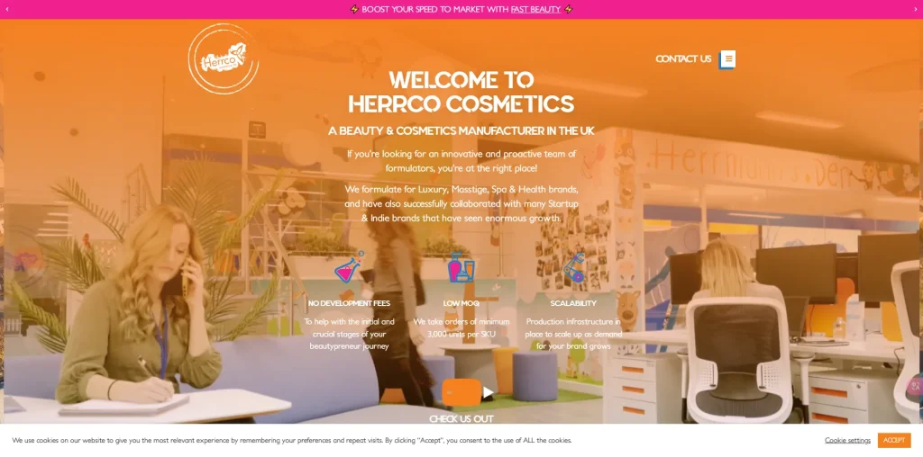 Screenshot of the Herrco Cosmetics welcome page showcasing their beauty and cosmetics manufacturing services in the UK.