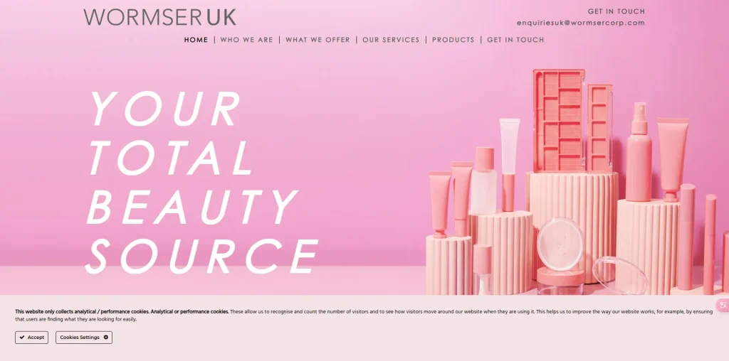 WormserUK website banner with pink beauty products and the text 'Your Total Beauty Source'.