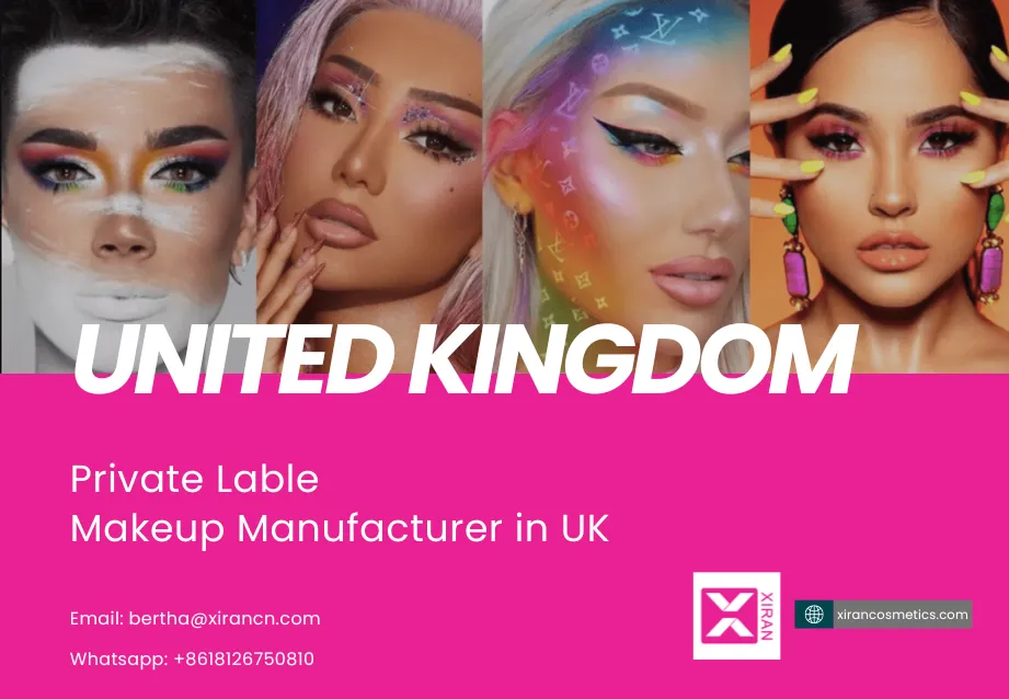 Werbung für Xiran Cosmetics, die die Herstellung von Make-up für Eigenmarken im Vereinigten Königreich hervorhebt.