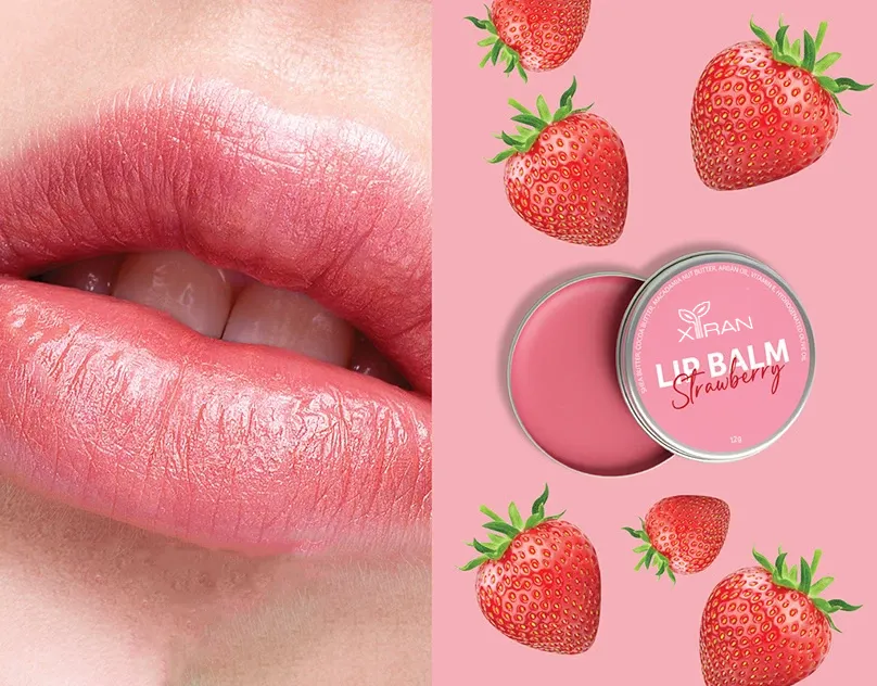 Close-up image of pink lips on the left and a strawberry-themed lip balm with strawberries on a pink background on the right.