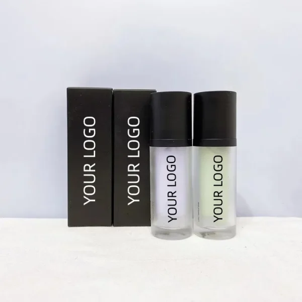 Two black cosmetic boxes and two transparent bottles with black caps, all labeled 'YOUR LOGO', highlighting customizable packaging.