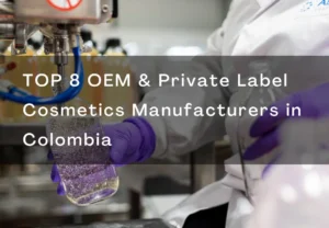 Person in gloves handling cosmetic bottles in a factory setting, highlighting top OEM and private label manufacturers in Colombia.