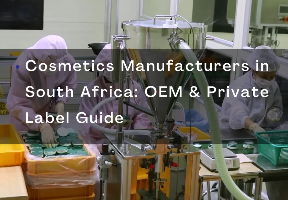 Workers in protective clothing fill containers on a production line in a South African cosmetics facility.