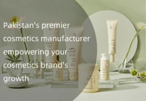 Collection of cosmetic products on display with promotional text about Pakistan's premier cosmetics manufacturer.