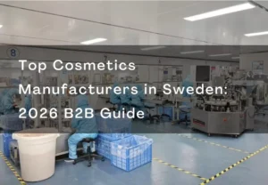 Interiör av en kosmetikatillverkningsanläggning med arbetare i blå uniformer, maskiner, och utrustning, överlagd med text om svenska topptillverkare för 2026.
