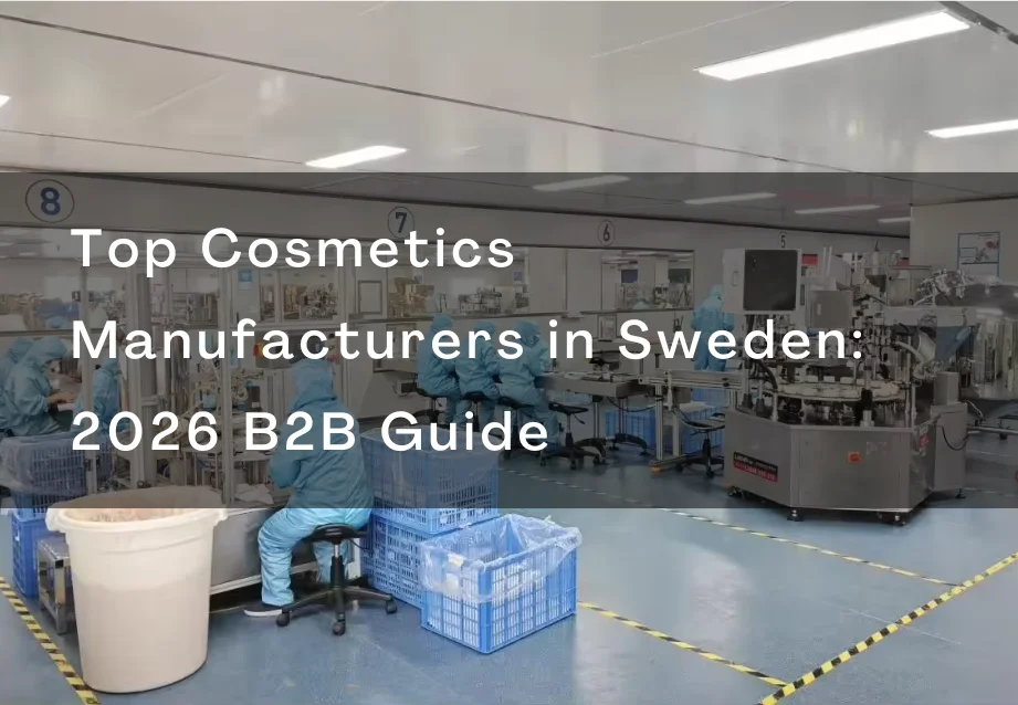 Interiör av en kosmetikatillverkningsanläggning med arbetare i blå uniformer, maskiner, och utrustning, överlagd med text om svenska topptillverkare för 2026.