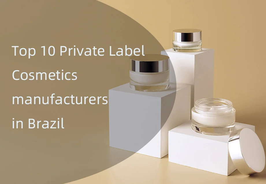 Three cosmetic jars on white pedestals with text about top private label cosmetics manufacturers in Brazil.
