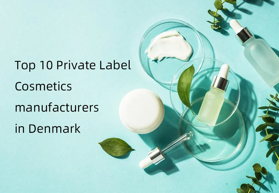 Skincare bottles and jars on a blue background with text about top private label cosmetics manufacturers in Denmark.