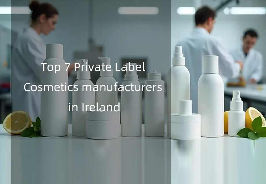 White cosmetic bottles on a laboratory table with lemons and lab workers in the background, showcasing private label cosmetics manufacturers in Ireland.