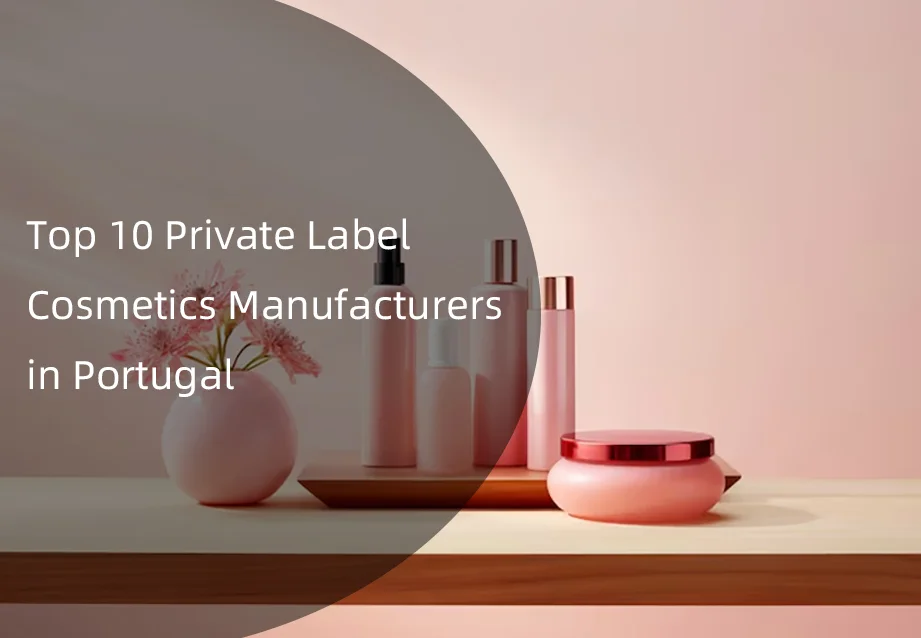 Rosa kosmetiska flaskor och burkar på en hylla, lyfter fram tillverkare av kosmetika med eget märke i Portugal.