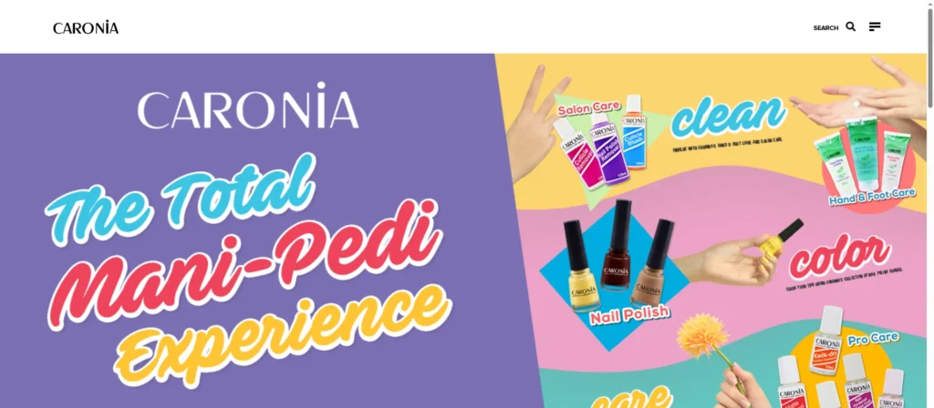 Рекламное изображение Caronia с различными продуктами по уходу за ногтями и слоганами для полного удовольствия от маникюра и педикюра..