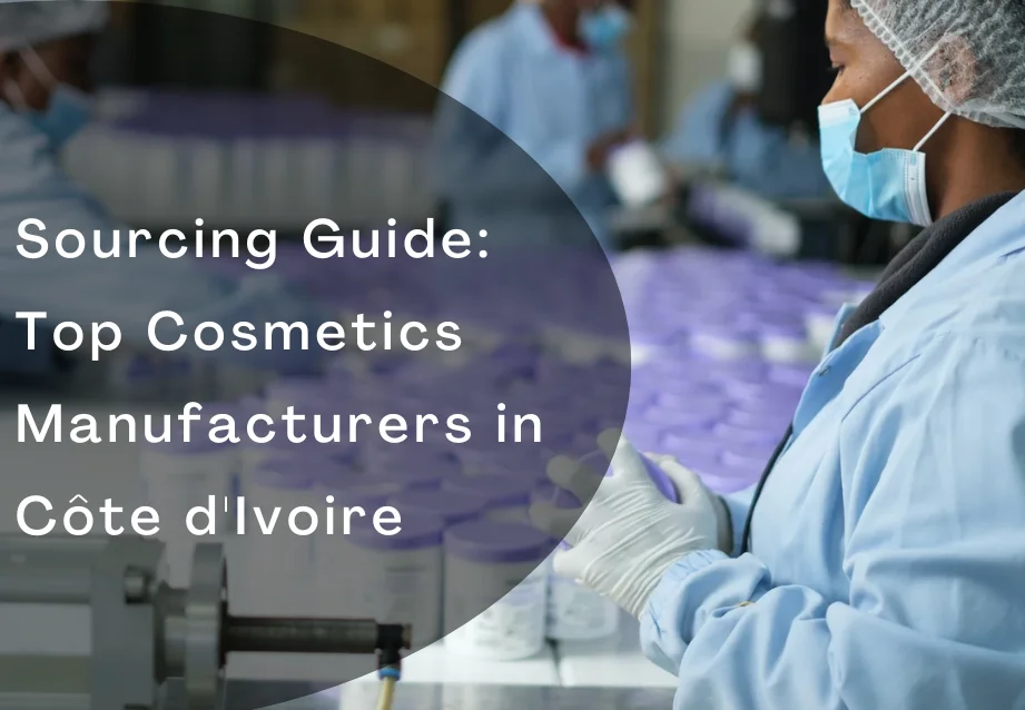 Person in a lab coat and mask working in a cosmetics manufacturing facility in Côte d'Ivoire. Containers visible in the background.