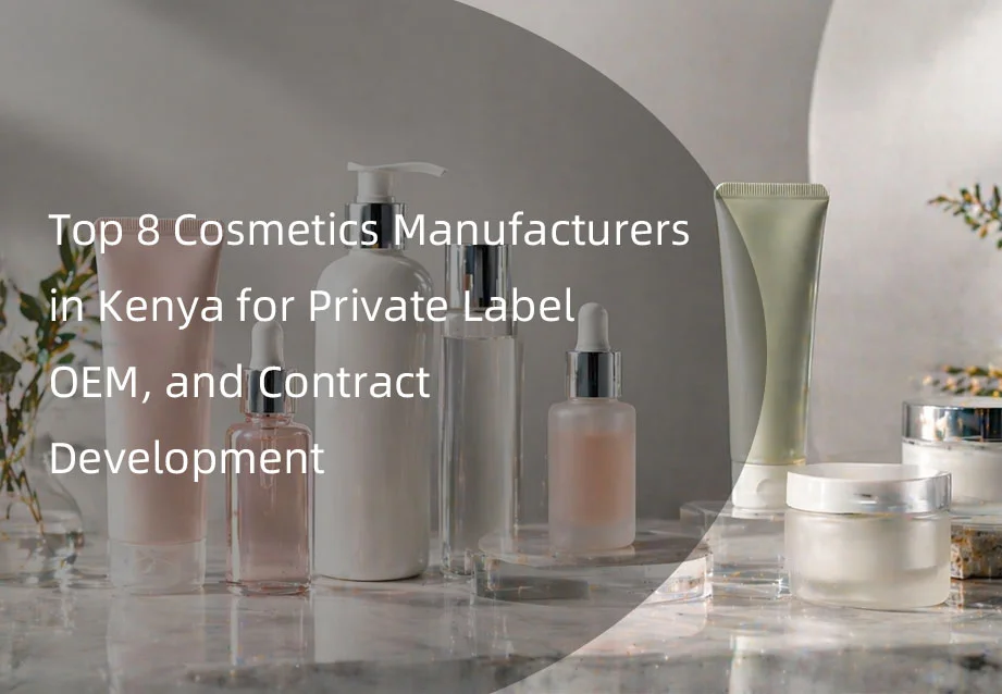 Kosmetiska behållare inklusive flaskor, burkar, och rör på en marmoryta med överlägg som visar text om kenyanska kosmetikatillverkare för OEM och privat märkning.