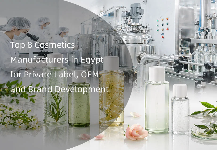 Cosmetic bottles with natural ingredients and a lab setting showcasing the top cosmetics manufacturers in Egypt.