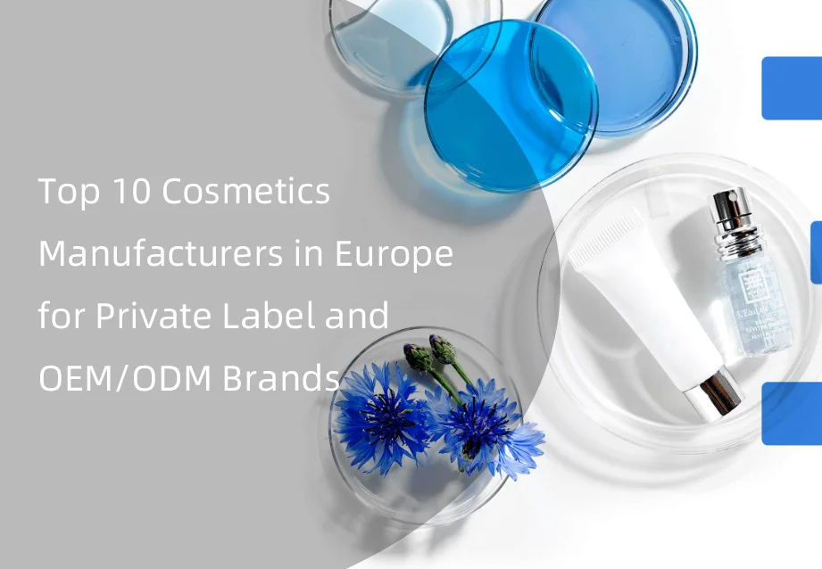 Flat lay of blue cosmetic containers, blue flowers, and text about Europe's top 10 cosmetics manufacturers.