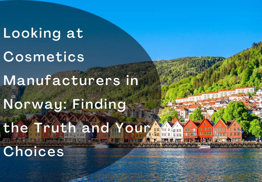 Edifícios coloridos à beira-mar na Noruega com sobreposição de texto sobre fabricantes de cosméticos.