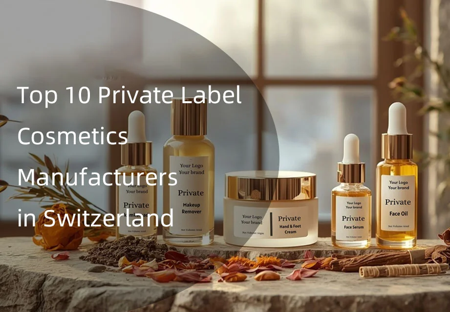 Collection of various private label cosmetics including makeup remover, hand cream, face serum, and face oil displayed on a table.