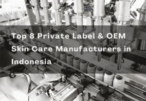 Automated production line for skincare filling with overlaid text reading 'Top 8 تسمية خاصة & OEM Skin Care Manufacturers in Indonesia'.