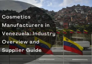 Text über venezolanischen Flaggen und Häusern am Hang, Einführung in einen Leitfaden für Kosmetikhersteller in Venezuela.