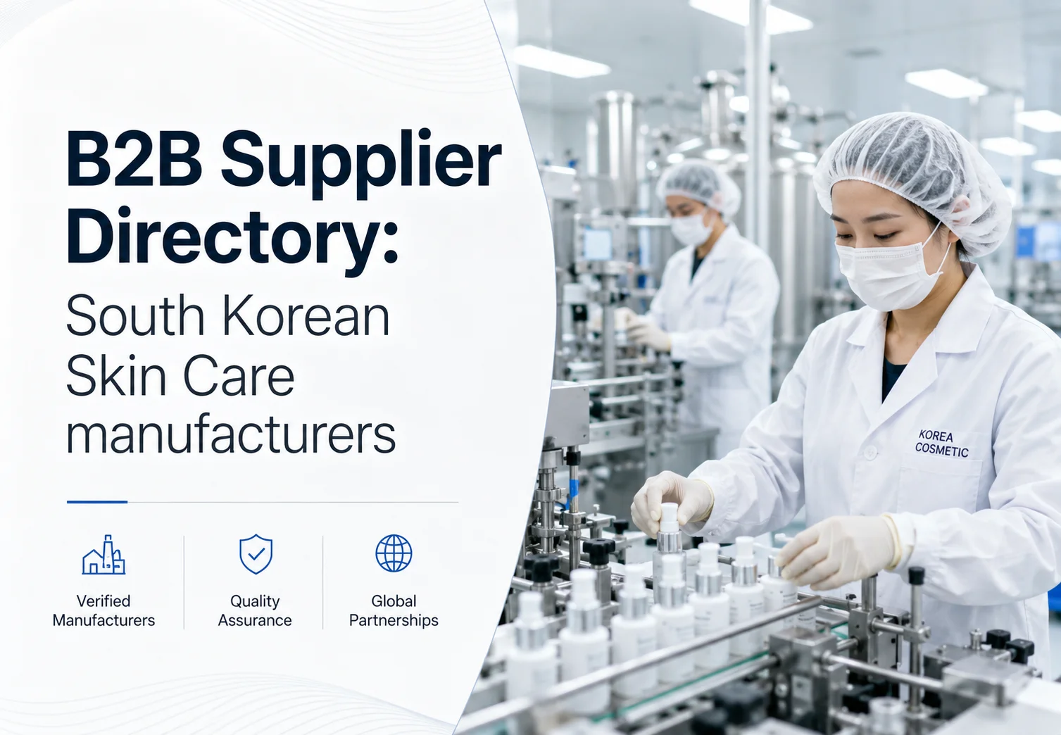 Workers in lab coats and hairnets handling skincare products on a production line, highlighting South Korean B2B skincare suppliers.