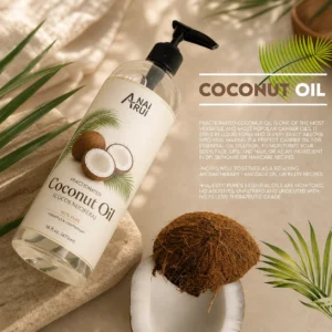 Fractionated coconut oil bottle labeled 'Nai Ruyi' next to coconut halves and palm leaves on a neutral-toned surface.