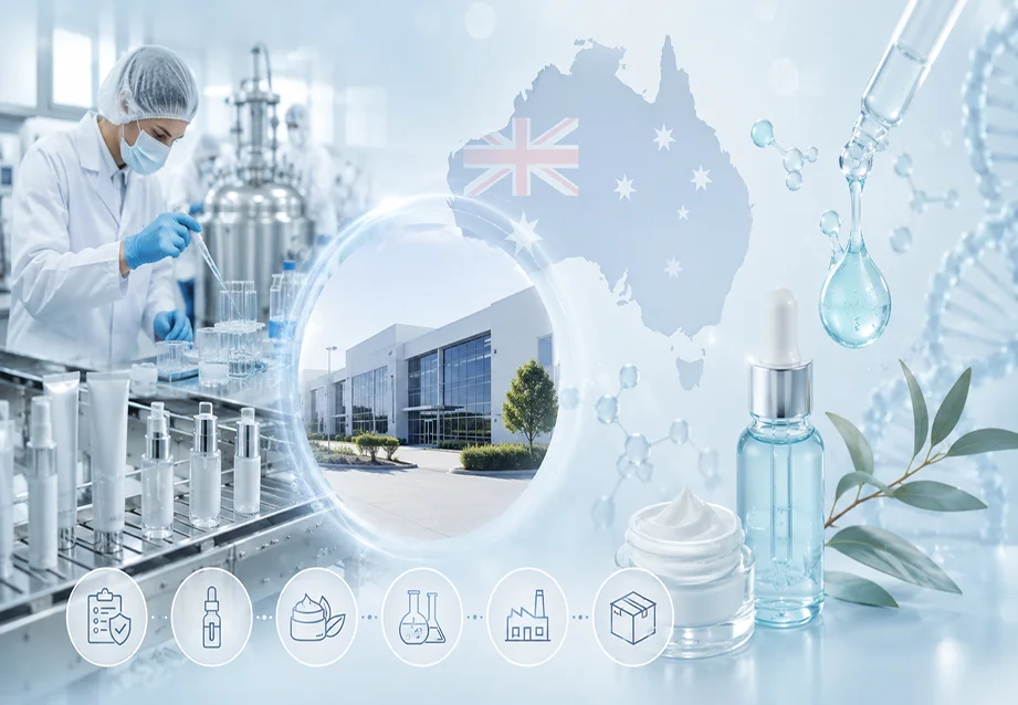 Laboratory scientist handling test samples, Australian flag, modern building, cosmetic products, and scientific visuals representing manufacturing.