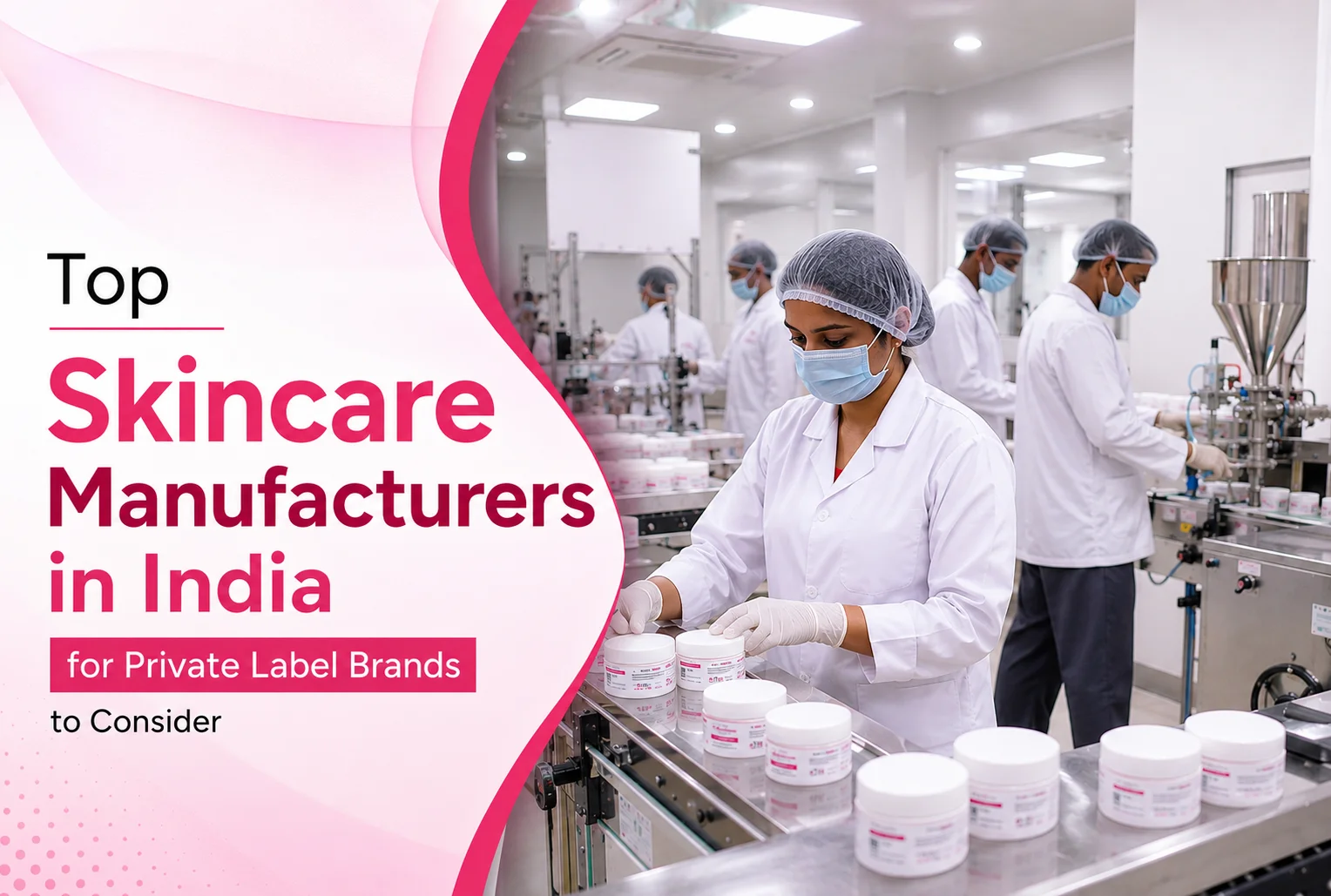 Des professionnels dans une usine de fabrication de soins de la peau en Inde portant des blouses blanches et des couvre-cheveux, trier et emballer des contenants cosmétiques.