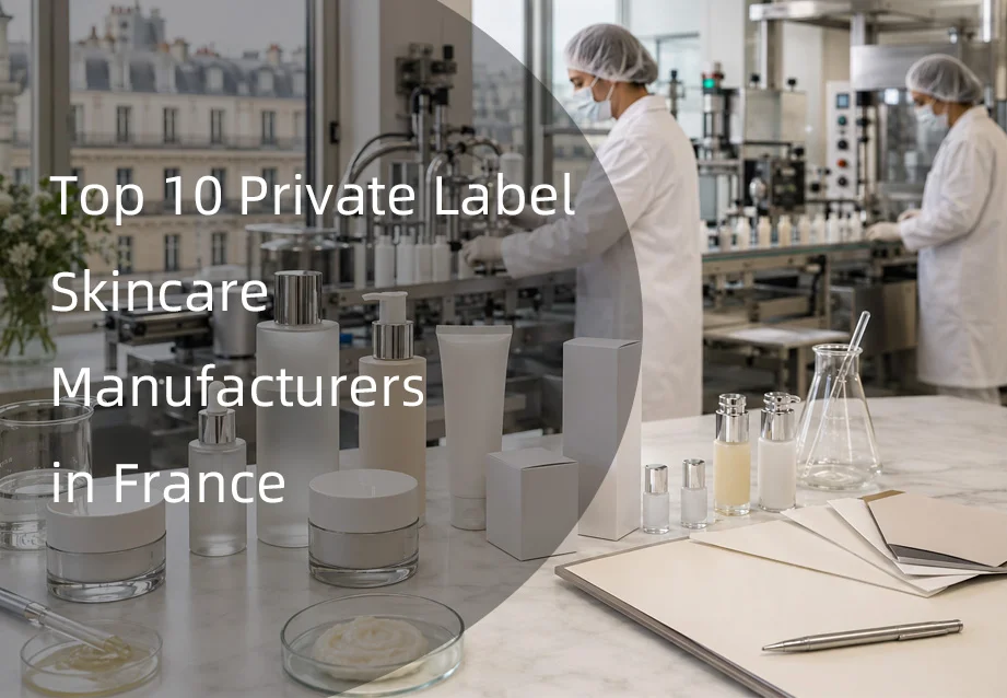 Laboratory with skincare products and production line; text overlay reads 'Top 10 Private Label Skincare Manufacturers in France'.