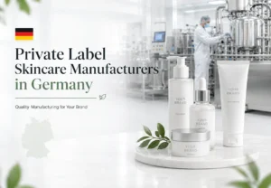 Display of private-label skincare products with clean packaging in a modern laboratory setting in Germany, highlighting manufacturing quality.