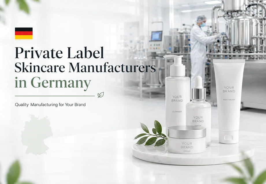 Esposizione di prodotti per la cura della pelle a marchio del distributore con imballaggi puliti in un moderno laboratorio in Germania, evidenziando la qualità produttiva.