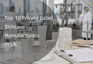 Skincare product packaging on a table with a manufacturing lab in the background and text highlighting 'Top 10 Private Label Skincare Manufacturers in UK'.