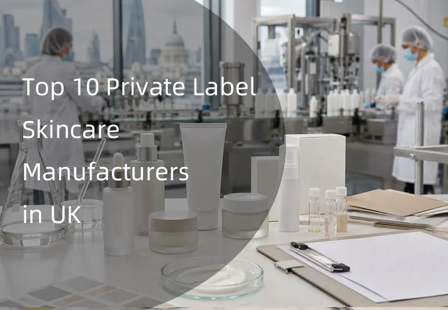 Skincare product packaging on a table with a manufacturing lab in the background and text highlighting 'Top 10 Private Label Skincare Manufacturers in UK'.