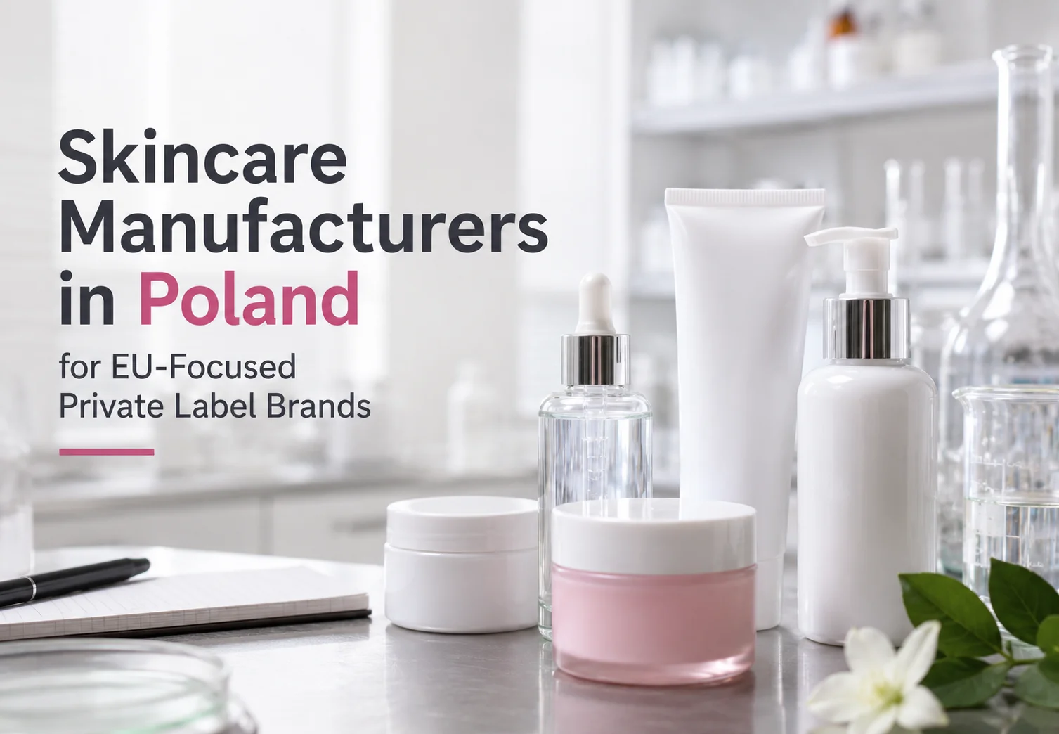 Skincare products on a laboratory countertop with text highlighting skincare manufacturing in Poland for EU-focused private label brands.