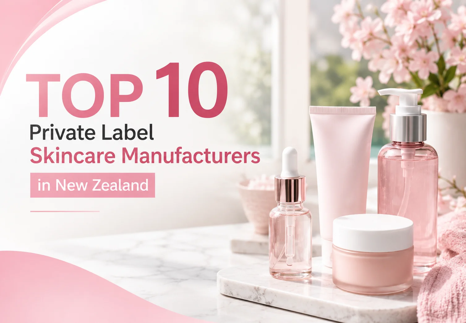 Collection of pink skincare products by a window, highlighting 'Top 10 Private Label Skincare Manufacturers in New Zealand.'